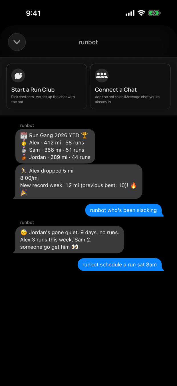 The runbot chat in the Fyt app: Start a Run Club and Connect a Chat actions above the club leaderboard, a slacker callout, and a Saturday run scheduled by text