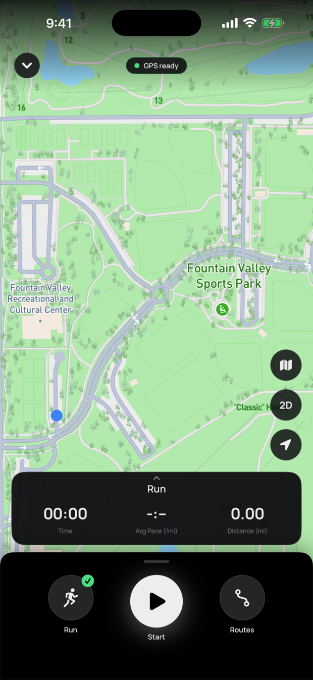 Fyt's run recorder ready to start: GPS locked over a park map with time, pace, and distance readouts and a Routes shortcut beside the start button