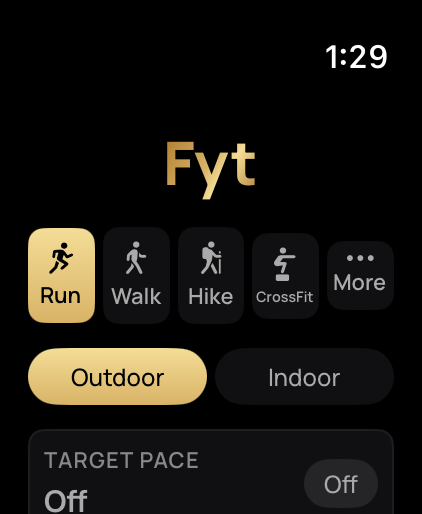 The Fyt Apple Watch start screen with Run, Walk, Hike, and CrossFit activities, outdoor and indoor modes, and a target pace setting